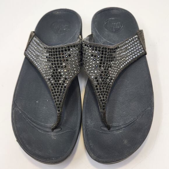 FitFlop Womens Rokkit Gray Suede Rhinestone Thong Sandals Size 6 Wedge Comfort - Picture 2 of 7